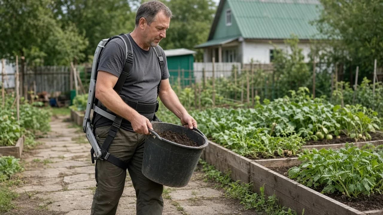 Человек с лёгким поясничным экзоскелетом переносит ведро с грунтом по дачной тропинке возле грядок