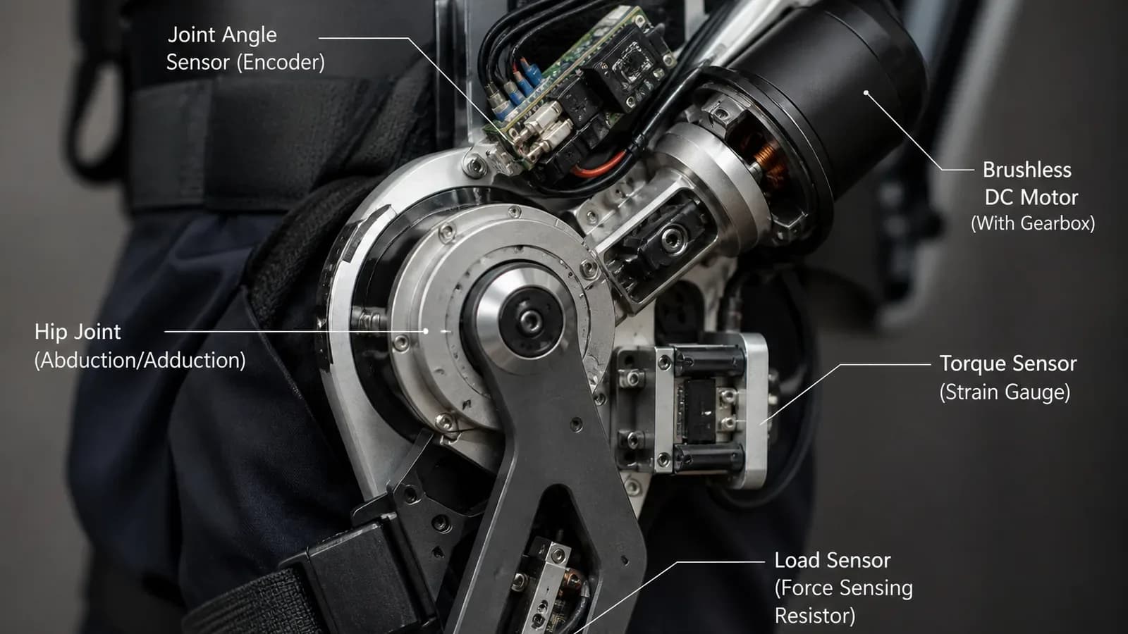 Крупный план мотора и датчиков в шарнире бедренного экзоскелета