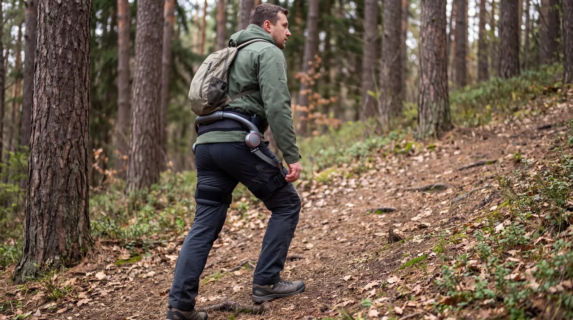 Мужчина идёт по осеннему лесу в экзоскелете Correxon Trail